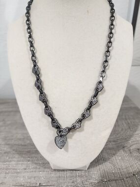 Gunmetal Pave Heart Pendant Link Necklace - Alexa Rae